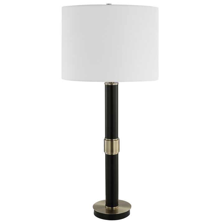 32 Inch Table Lamp, Slender Metal Body, White Drum Shade, Black, Gold - Benzara