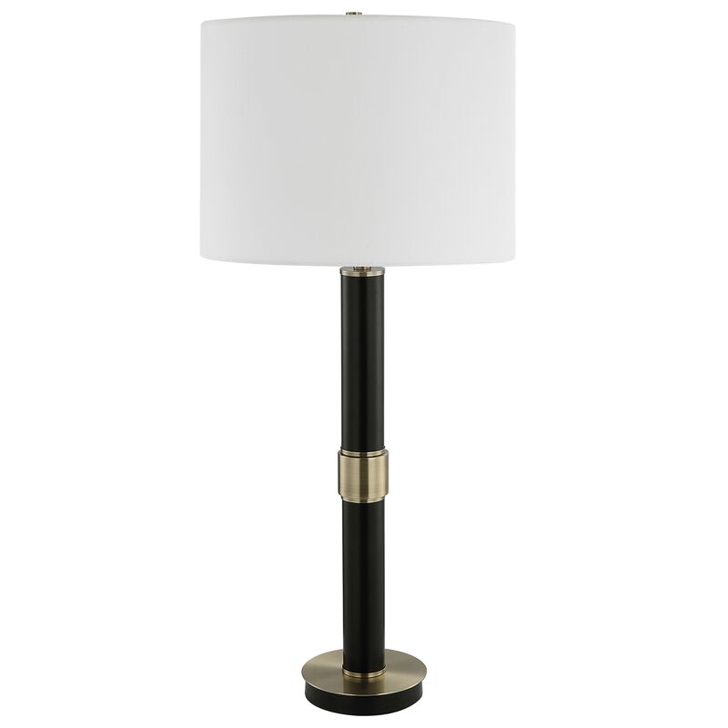 32 Inch Table Lamp, Slender Metal Body, White Drum Shade, Black, Gold - Benzara