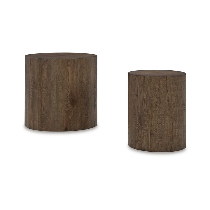 Accent Table Set of 2, Farmhouse Wood Log Shape, Rich Oak Brown Finish - Benzara