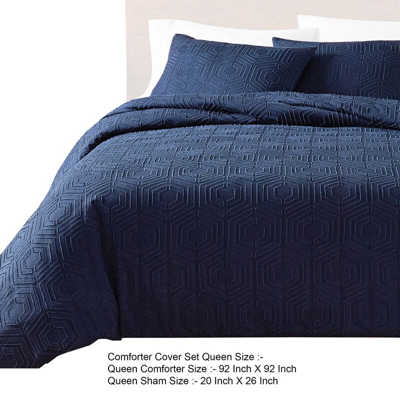 Jose 3 Piece Queen Size Comforter Set, Matching Shams, Jacquard Navy Blue - Benzara