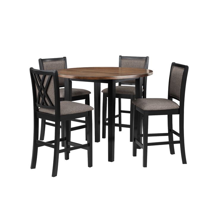 Jeremy 42 Inch 5 Piece Round Counter Table Set with Fabric Seat, Brown and Black - Benzara