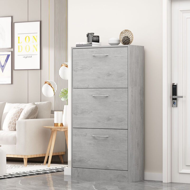 22.4 in. W x 42.1 in. H 24-Pair Gray Wood 3-Drawer Shoe Storage Cabinet with Foldable Compartments