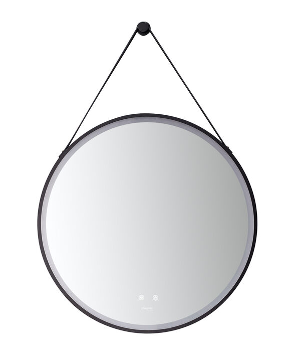 SANGLE Round LED Black Framed Mirror with Defogger and Vegan Leather Strap