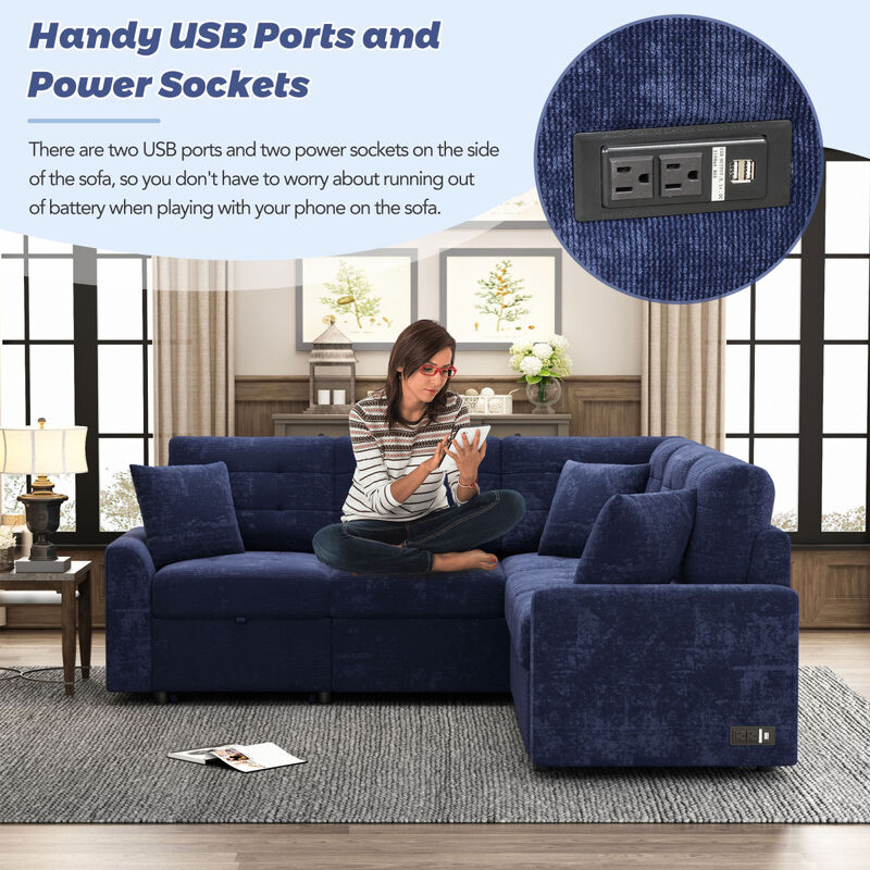 82.6" L-Shape Sofa Bed with USB Ports and Wheels, Navy Blue