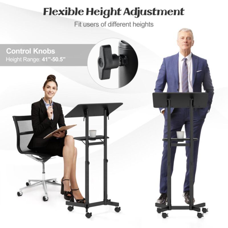 Hivvago Mobile Lectern Podium Height-adjustable Rolling Laptop Cart with Tilting Top Storage Tray