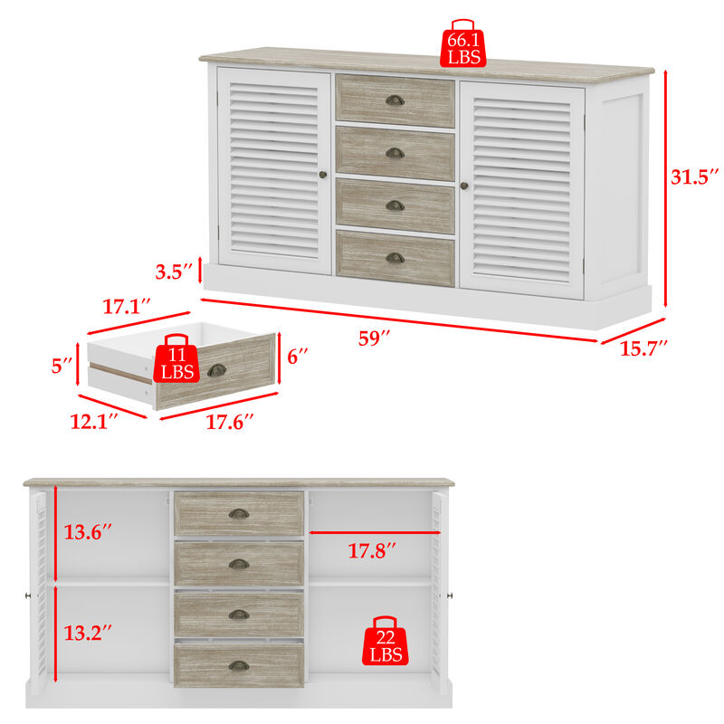 FUFU&GAGA Modern Sideboard Cabinet with Louvered Doors and Drawers,  (59"W x 15.7"D x 31.5"H),White and Brown