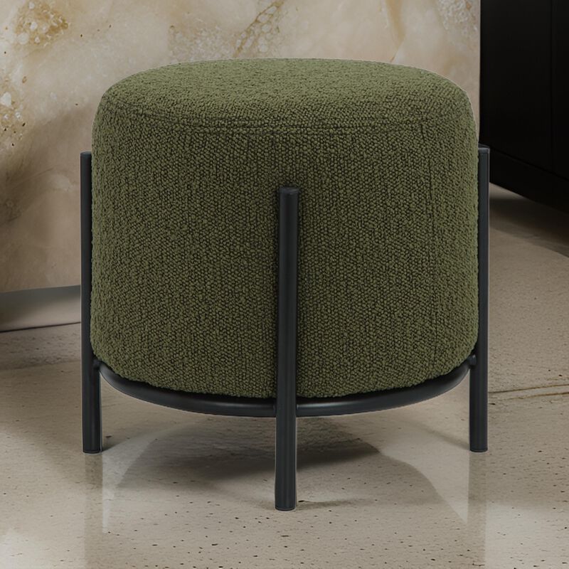 Aop 13 Inch Boucle Ottoman Stool, Round Cushioned Seat, Green Boucle, Black - Benzara