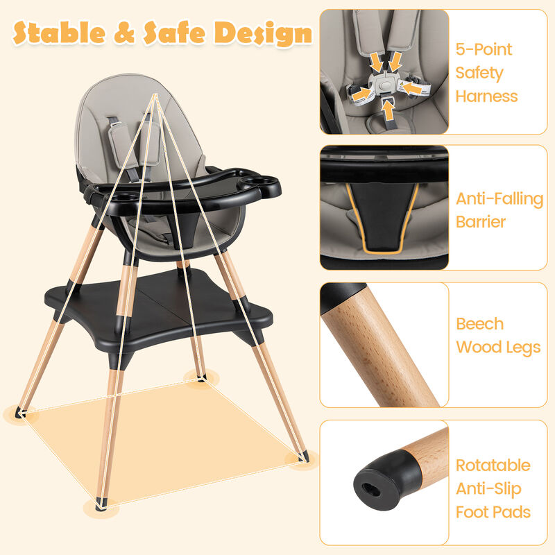 5-in-1 Baby Eat and Grow Convertible Wooden High Chair with Detachable Tray