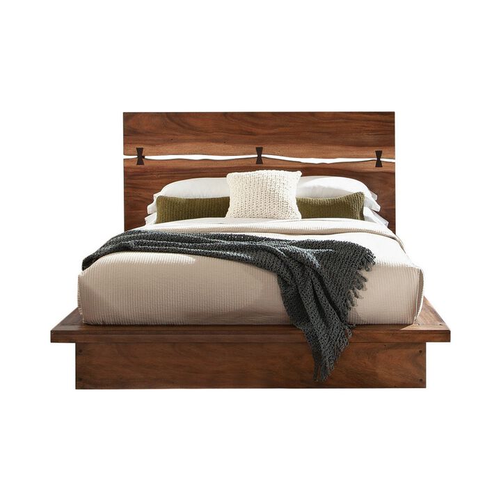 Zeko California King Platform Plinth Bed, Natural Edge, Walnut Brown Wood - Benzara