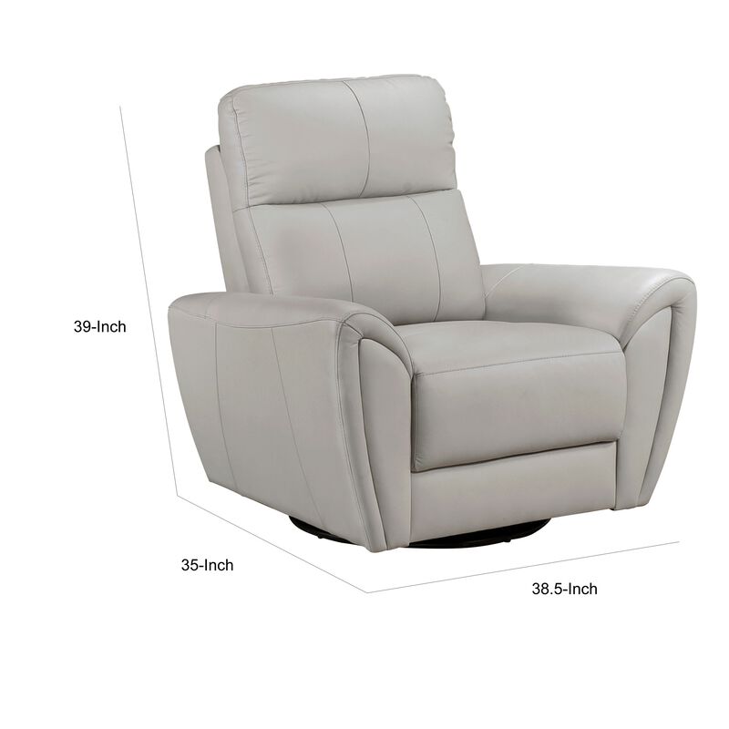 Jessica 39 Inch Swivel Glider Chair, Gray, Top Grain Leather, Solid Wood - Benzara