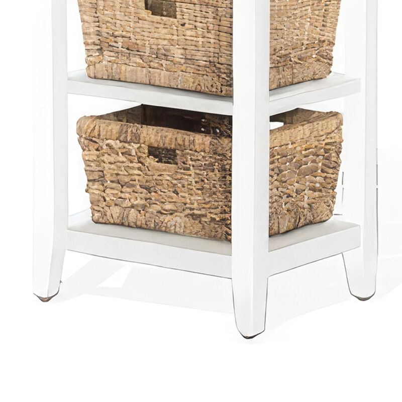 Livy Storage Rack End Table with 3 Natural Brown Rattan Baskets, White - Benzara