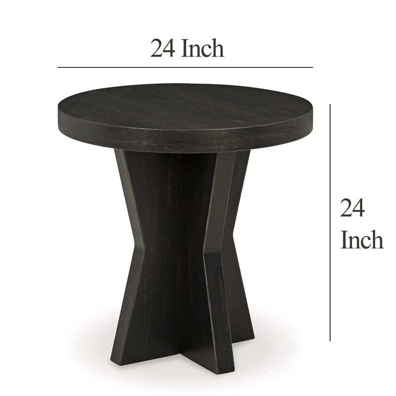 Dani Round Side End Table, Geometric Design, 24 Inch Black Rustic Oak - Benzara