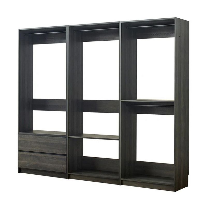Dee Modular Closet System, 4 Clothing Racks, 2 Drawers, Dark Gray Wood - Benzara