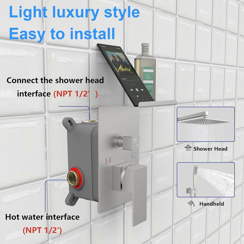 Rainfall Shower System with Storage Shelf High-Pressure Shower Head & Handheld Combo