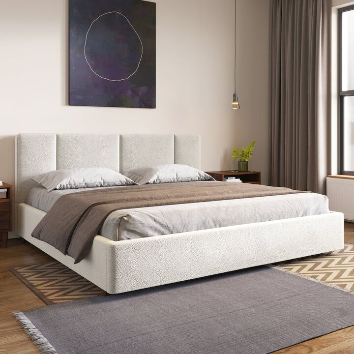 Omax Decor Venice Upholstered Platform King Bed in Cream Beige Boucle Fabric