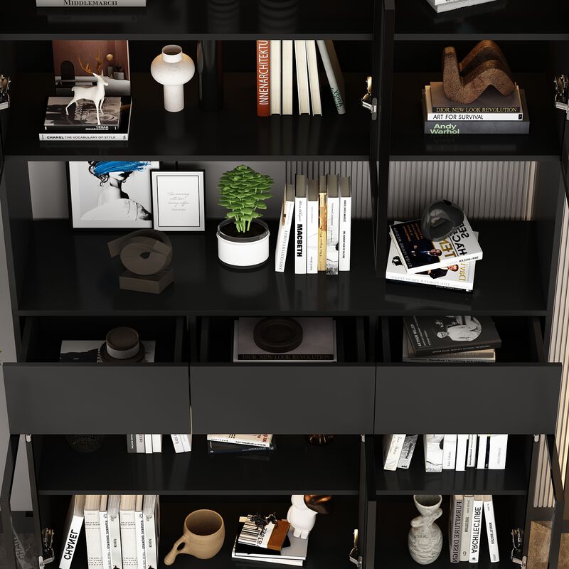 Black Wood 47.2 in. W Buffet Food Pantry W/Hutch, Glass Doors, Adjustable Shelves, LED Lights (14.2 in. D x 78.7 in. H)