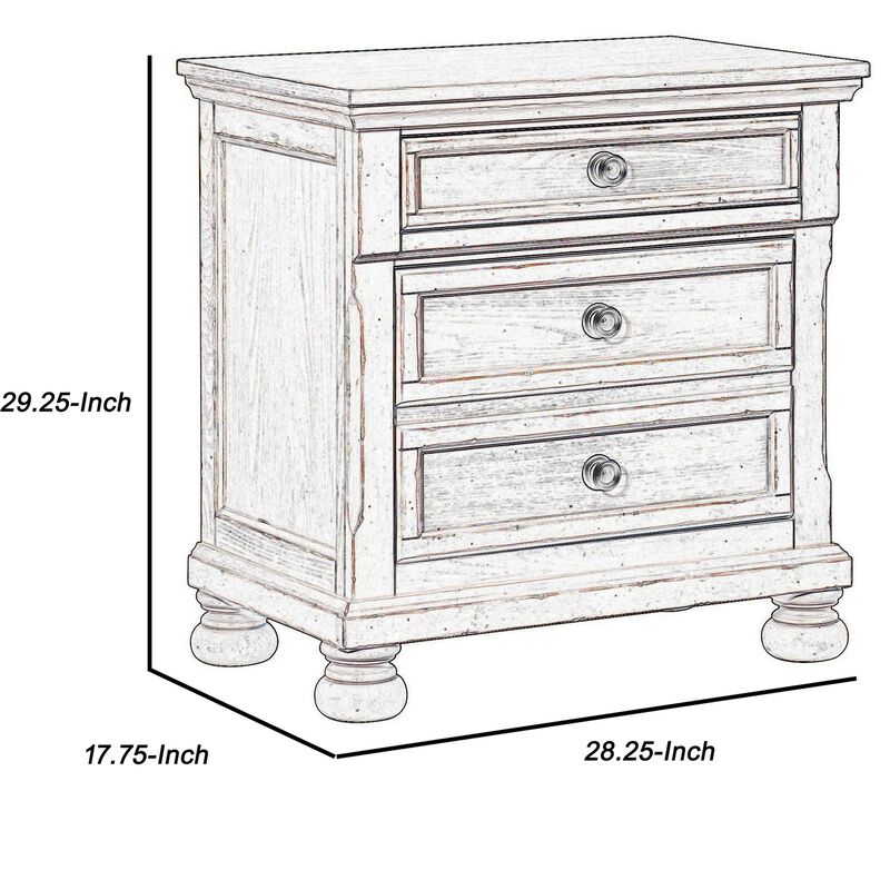 Cottage 2 Drawer Nightstand with Molded Details and Bun feet, Antique White-Benzara