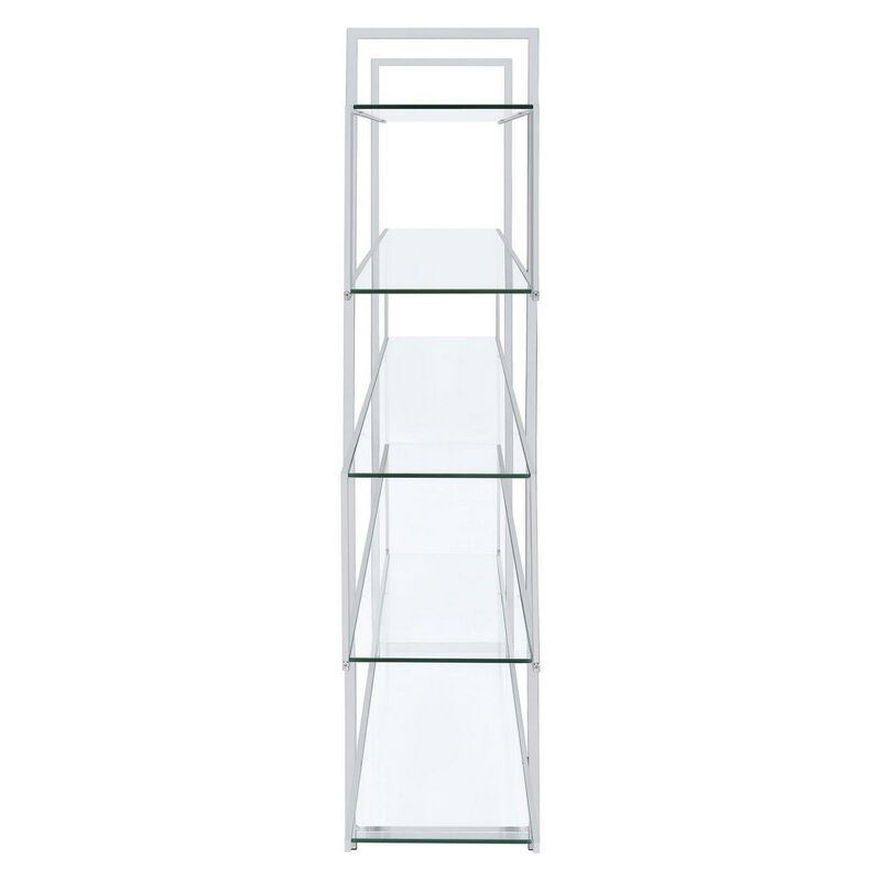 Bookcase with 5 Tempered Glass Shelves and Electroplated Frame, Chrome-Benzara