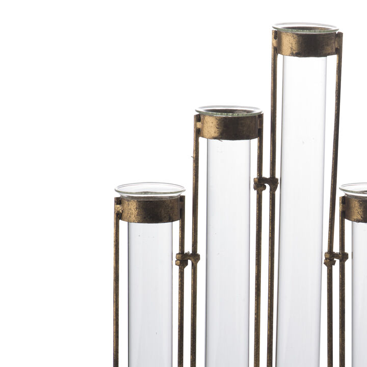 18 Inch 9 Slot Accent Vase, Glass Body Pieces in Iron Frame, Antique Bronze-Benzara