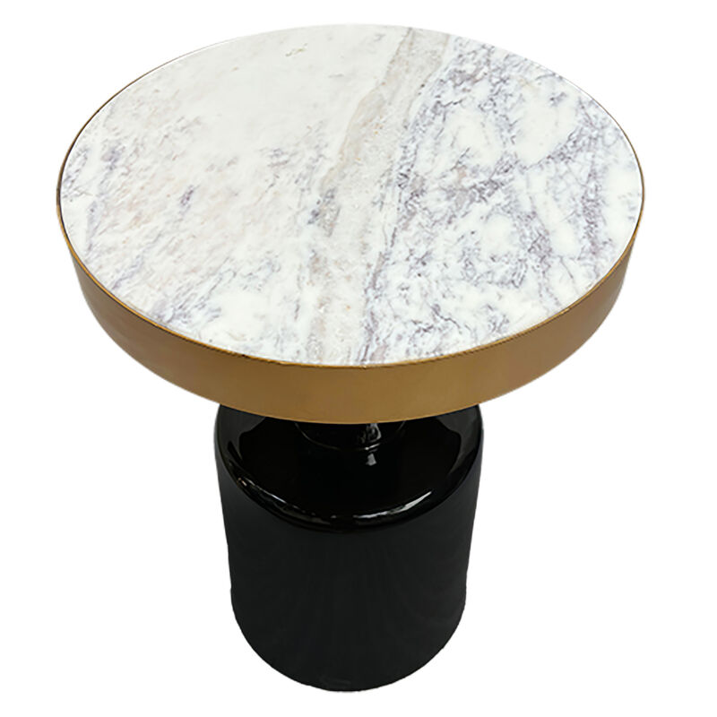 20 Inch Round Side End Table, Gold Banded Natural White Marble Top, Black Enamel Coated Iron Pedestal Base - Benzara