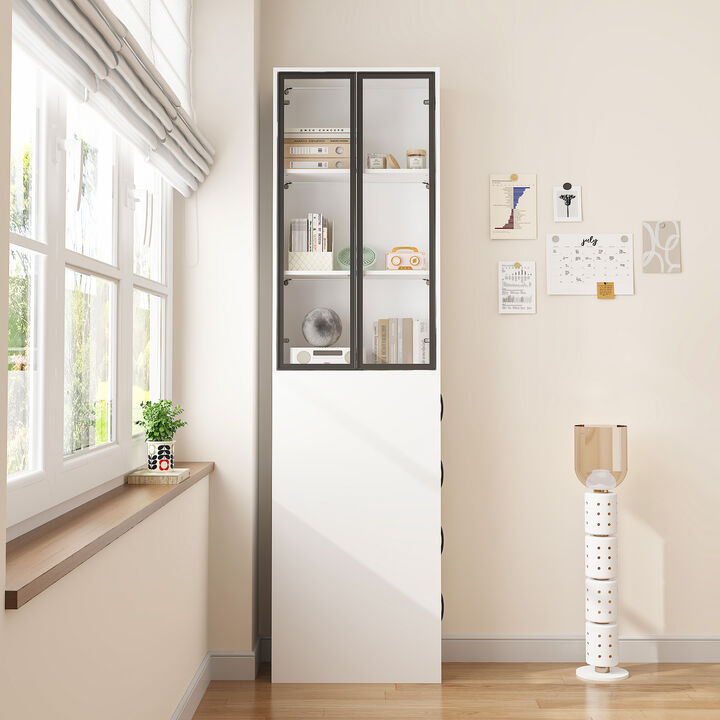 FUFU&GAGA Slim Bookshelf with Glass Doors & LED Lights, Modern Narrow Bookcase with Adjustable Storage for Living Room, Study & Home Office (24.3" W x 86.6" H x 11.8" D),White