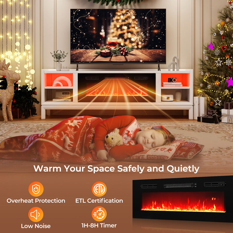 Recessed Electric Fireplace Heater with LED Strip Lights and Remote Control for Modern Home Décor