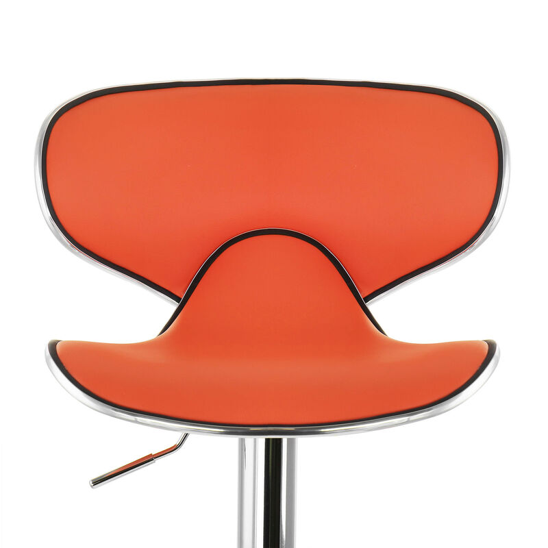 Elama 2 Piece Slim Faux Leather Adjustable Bar Stool in Orange with Chrome Base
