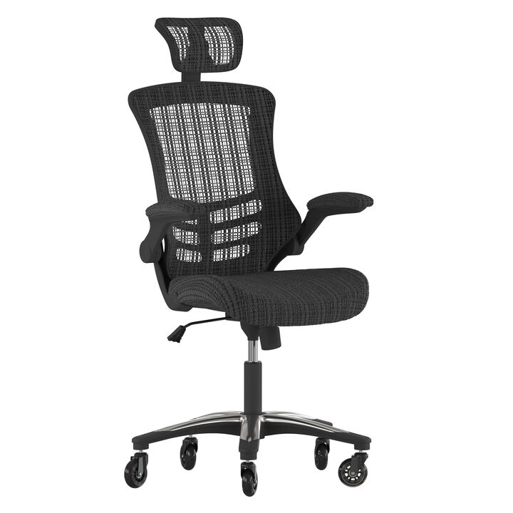 Kelista High-Back Mesh Swivel Ergonomic Executive Office Chair with Flip-Up Arms and Transparent Roller Wheels