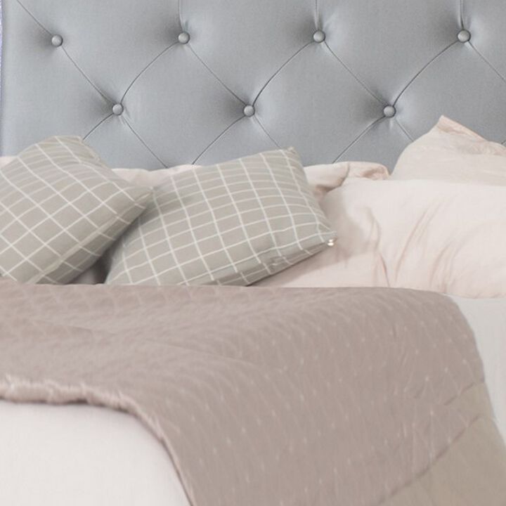 Ancy King Size Bed, Tufted and Upholstered Headboard, Light Gray Finish - Benzara