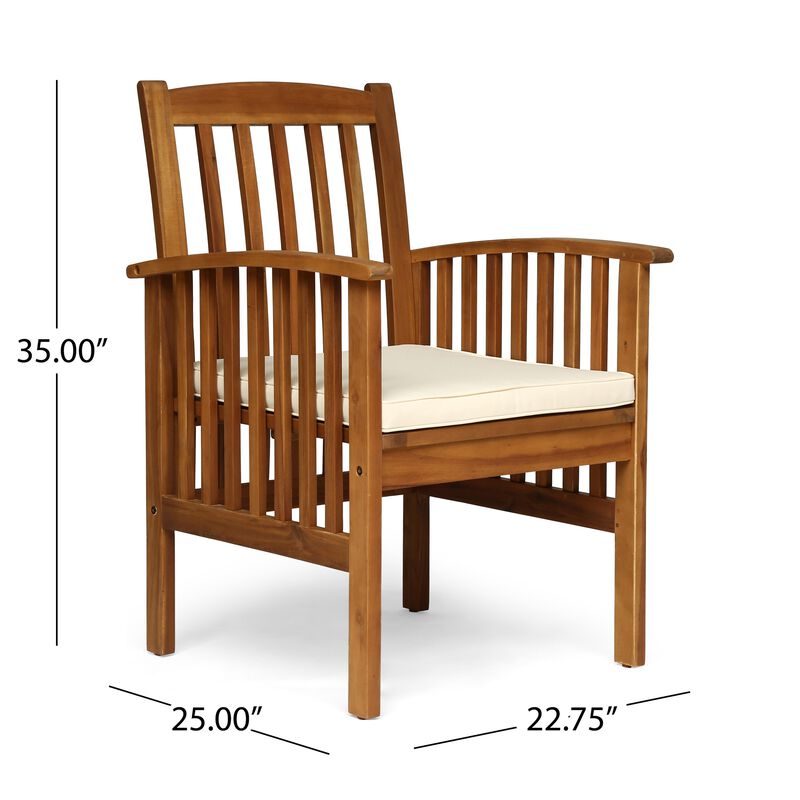 Gerry Dining Chair, Traditional Slat Design Brown Acacia Wood, Beige Fabric - Benzara