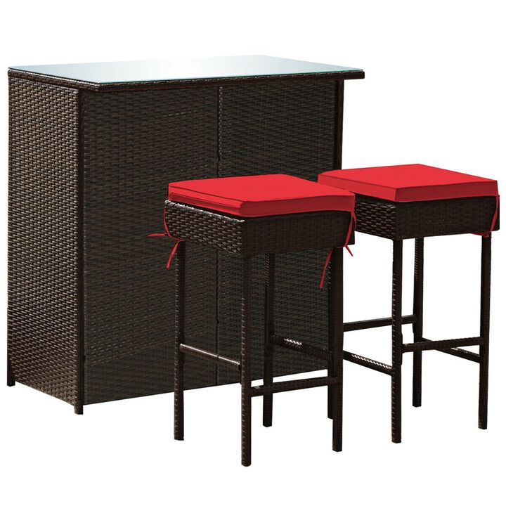 3PCS Patio Rattan Wicker Bar Table Stools Dining Set
