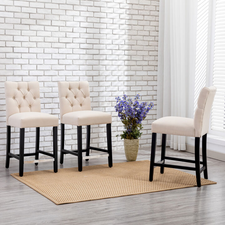 WestinTrends 24" Linen Fabric Tufted Upholstered Counter Stool (Set of 3), Black