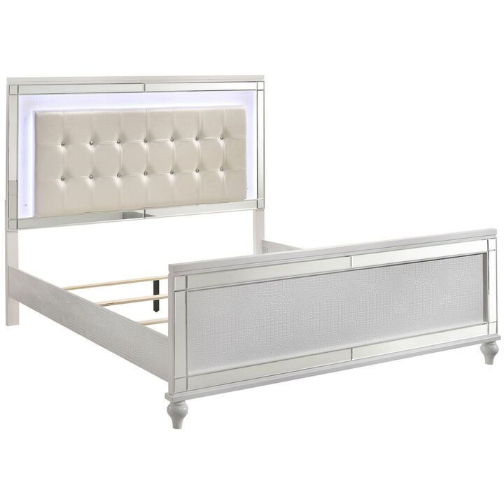 Lee Queen Size Bed, LED, Tufted Faux Leather Upholstery, Textured White - Benzara