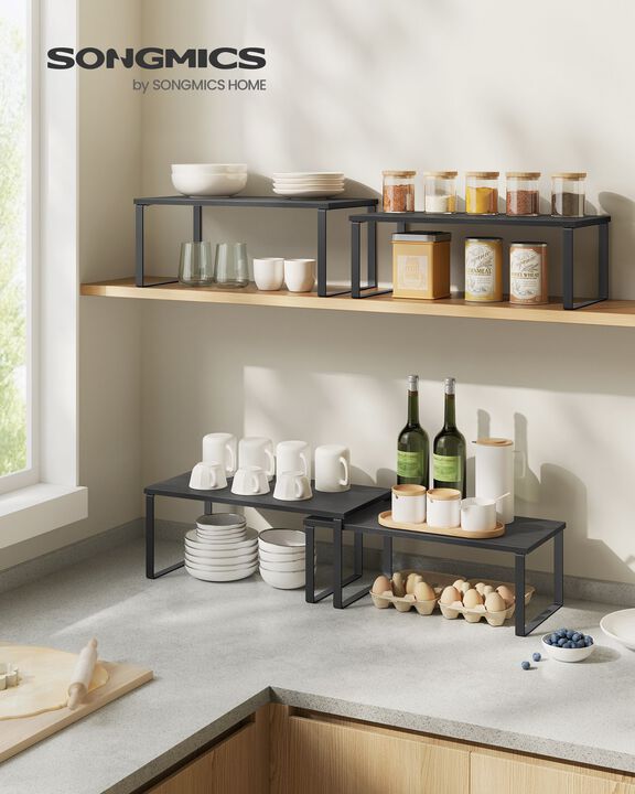 Set of 4 Stackable Cabinet Shelf Organizers - Metal and Particleboard Kitchen Counter Shelves, Expandable