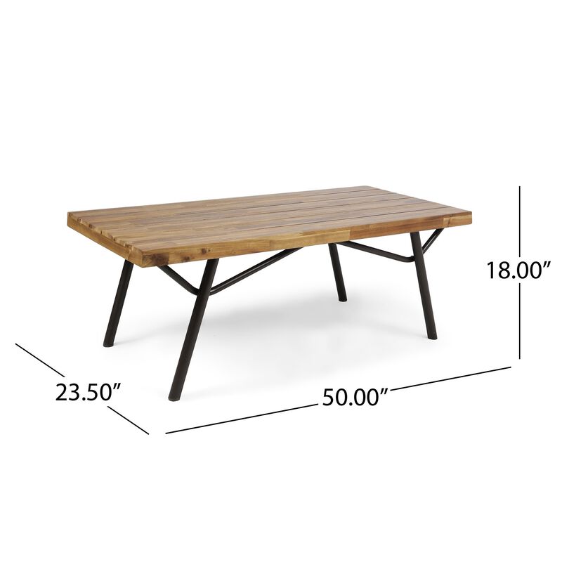 Patio Coffee Table, Slatted Top, Brown Iron, 50 Inch Teak Brown Acacia - Benzara