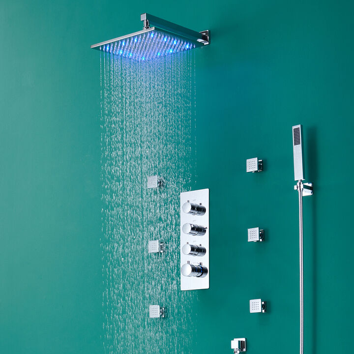 Mondawe Thermostatic LED Light 3 Functions Wall Mounted Shower System with 6 Body Jets and Rough-in Valve in Chrome