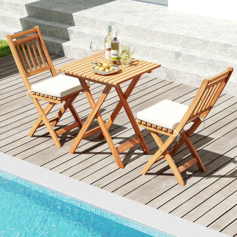 Outdoor Wood Bistro Set with Soft Seat Cushions and Table