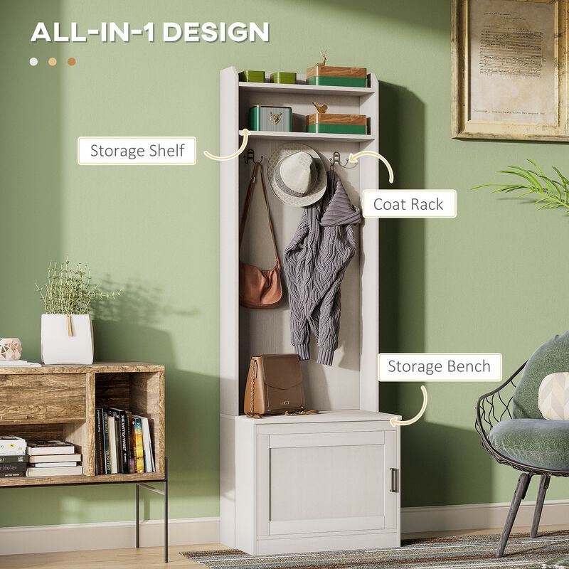 White Rustic Entryway: Hall Tree Bench with Coat Rack & Shoe Storage
