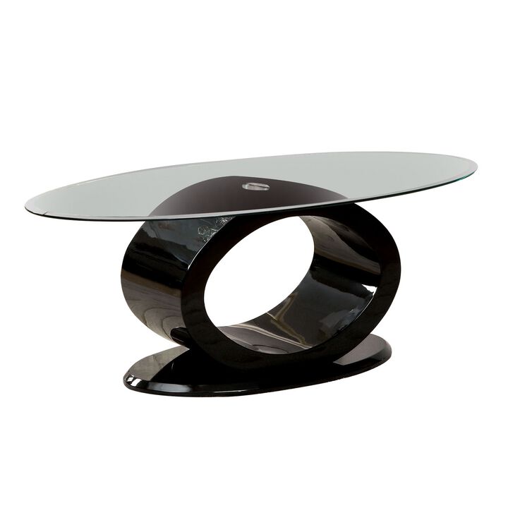 Contemporary Tempered Glass Top Coffee Table with O Shape Base, Black-Benzara