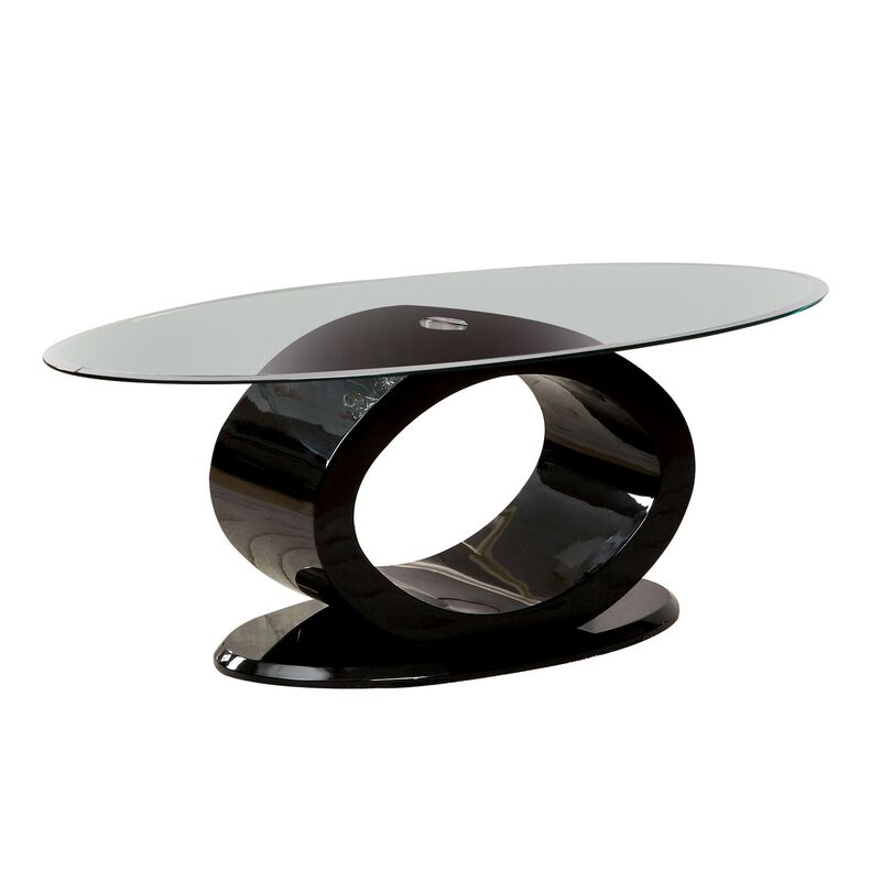 Contemporary Tempered Glass Top Coffee Table with O Shape Base, Black-Benzara