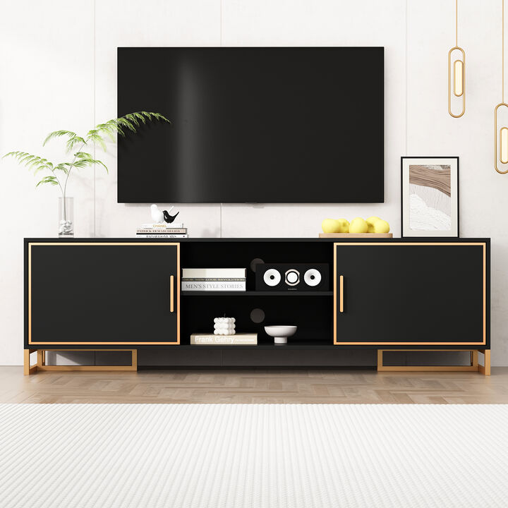 FUFU&GAGA Modern Black TV Stand with Gold Trim, Metal Handles & Base – Entertainment Center for TVs up to 75" (70.9"W x 15.7"D x 20.9"H), Black