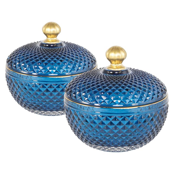 Vintage-Style Candy Jars with Lids, 2-Piece Glass Set with Diamond-Cut Texture, Ideal for Christmas, Blue + Gold