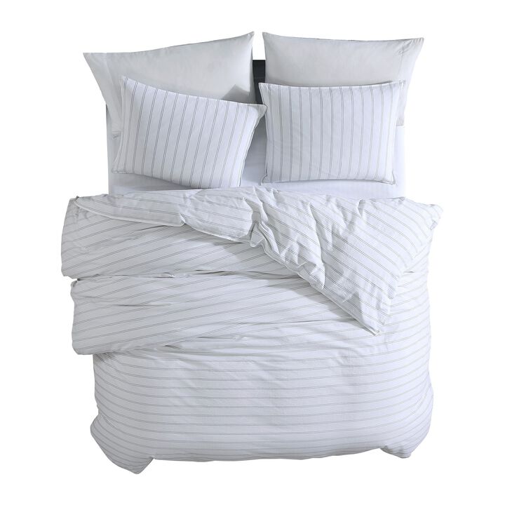 3 Piece King Comforter Set with Pinstripe Pattern, White and Black-Benzara