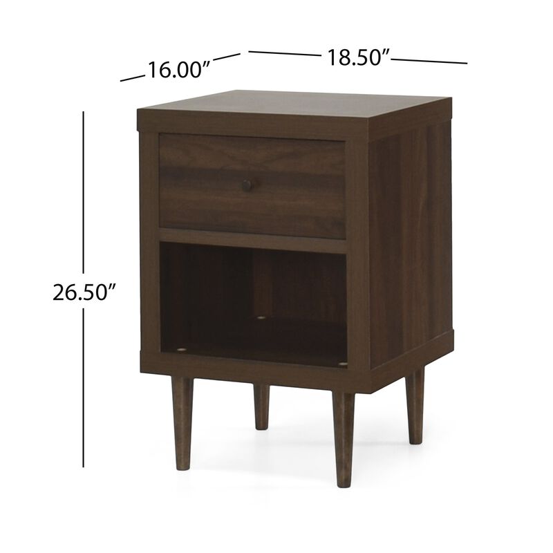 Minie Nightstand with 1 Drawer, Shelf, Rubberwood Legs, Walnut Brown - Benzara