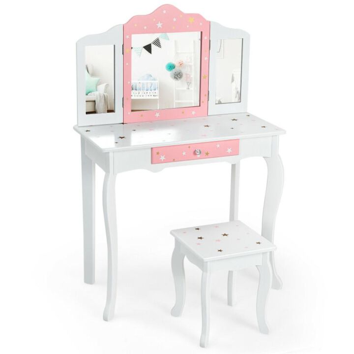 Hivvago Kids Princess Vanity Table and Stool Set with Tri-folding Mirror and Drawer