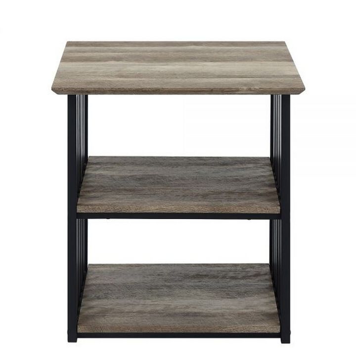 Nori 23 Inch Nightstand, 2 Shelves, Metal Base, MDF, Antique Oak and Black - Benzara