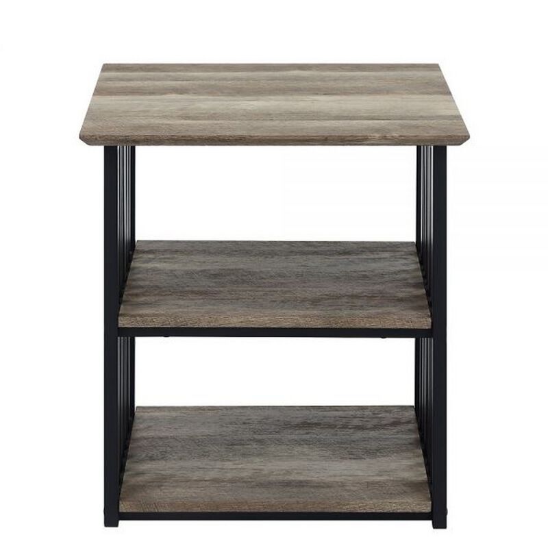 Nori 23 Inch Nightstand, 2 Shelves, Metal Base, MDF, Antique Oak and Black - Benzara