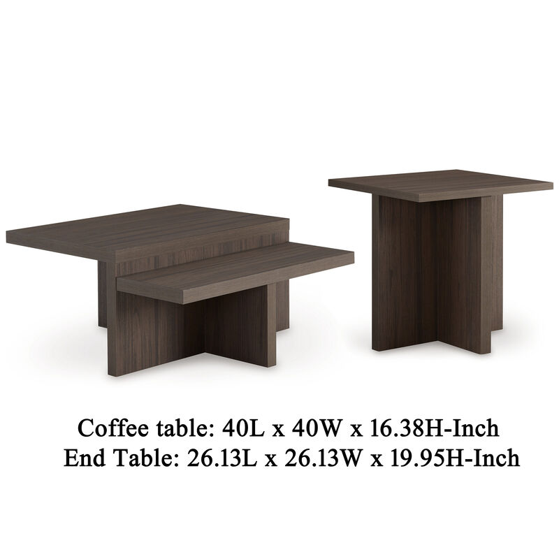 Zeny 2pc Coffee and Side Table Set, Geometric Cross Base, Dark Brown  - Benzara