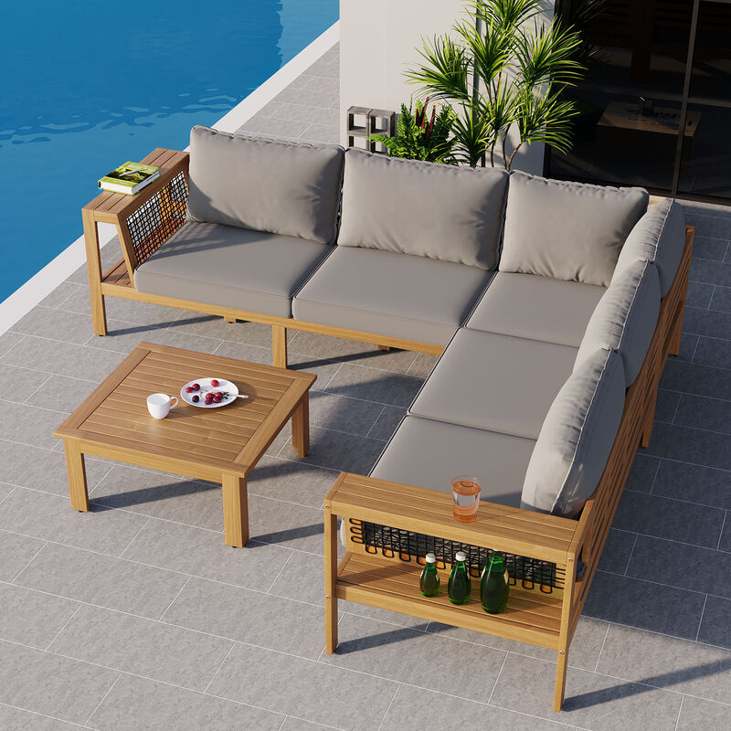 Whisen 4-Piece Acacia Wood Outdoor L-Shaped Sofa Set with Woven Mesh Armrests and Coffee Table