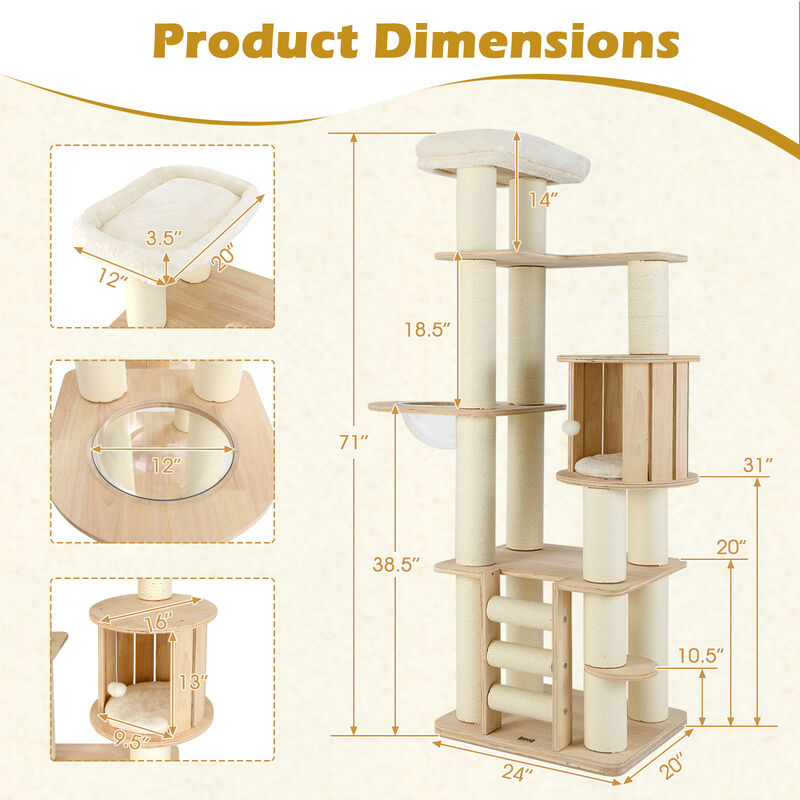 Tall Cat Tree Wooden Cat Tower with Cozy Perch Condo Space Capsule
